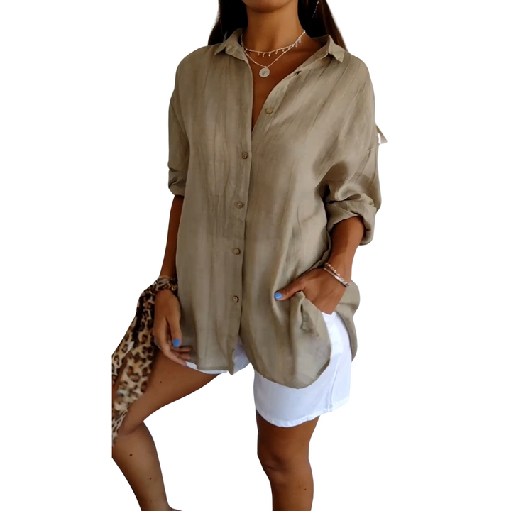 Women's Loose Fit Linen Long Sleeve Button Down Shirt