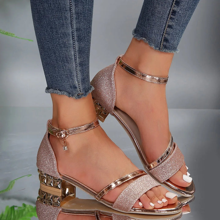 Women's Leather Ankle Strap Low Block Heel Sandals
