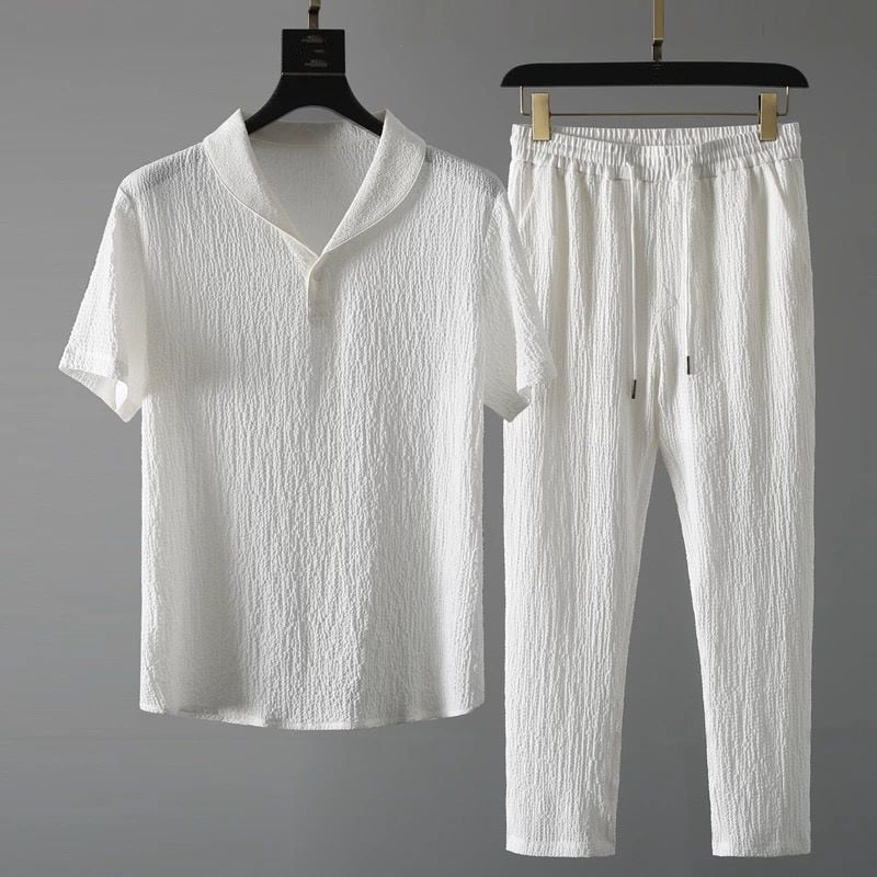 Men's Linen Blend Short Sleeve Button Up And Pants Two Piece Set