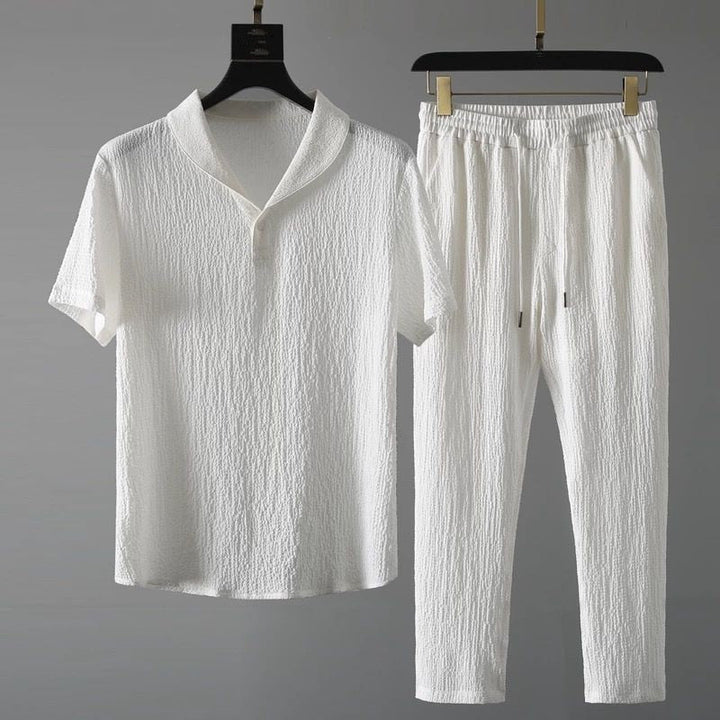 Men's Linen Blend Short Sleeve Button Up And Pants Two Piece Set