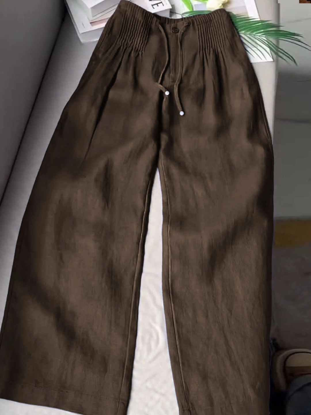 Women Wide Leg Linen Blend Trousers High Waist Smocked Culottes Pants