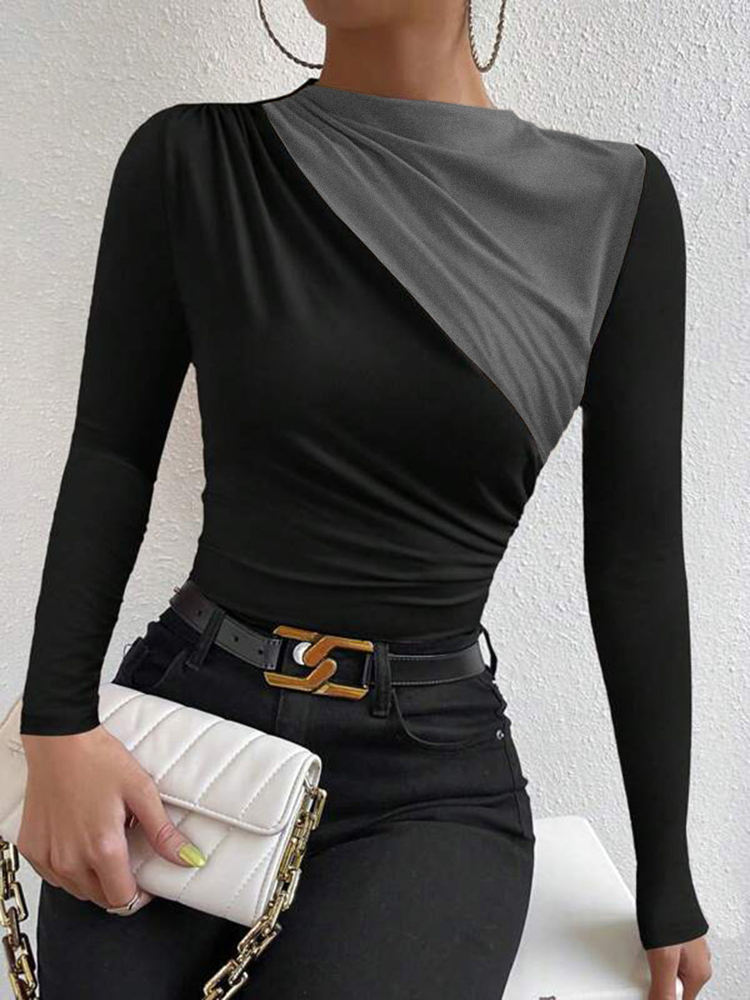 Women's Long Sleeve Silk Draped Asymmetric Top Blouse Shirt