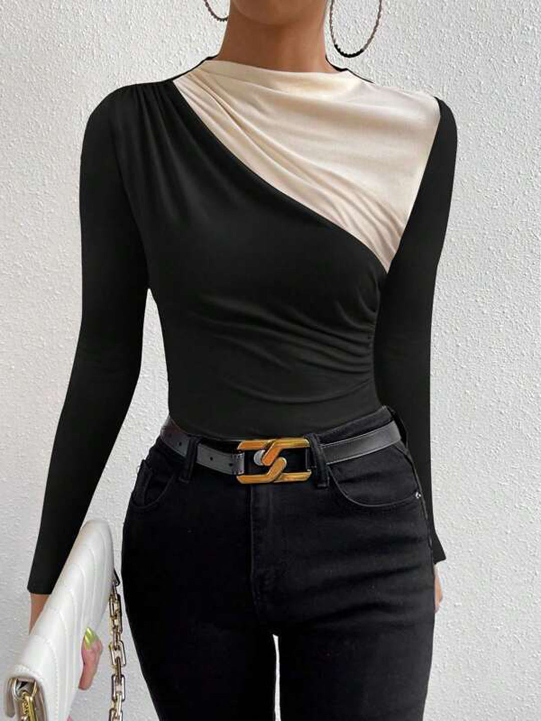 Women's Long Sleeve Silk Draped Asymmetric Top Blouse Shirt