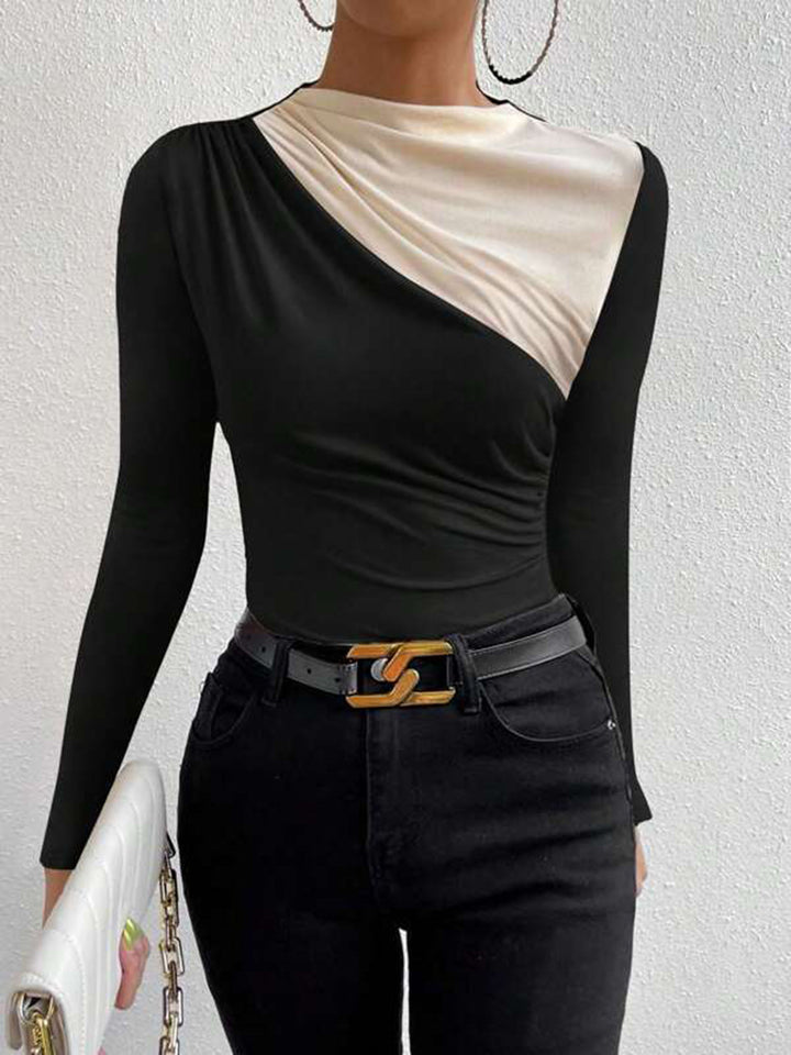 Women's Long Sleeve Silk Draped Asymmetric Top Blouse Shirt