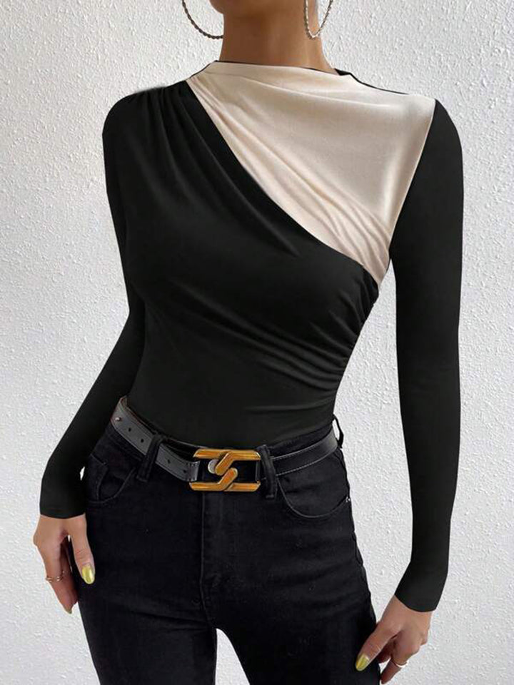 Women's Long Sleeve Silk Draped Asymmetric Top Blouse Shirt