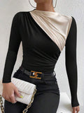 Women's Long Sleeve Silk Draped Asymmetric Top Blouse Shirt