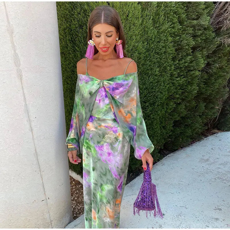 Women's Satin Floral Print Backless Slip Maxi Dress with Scarf