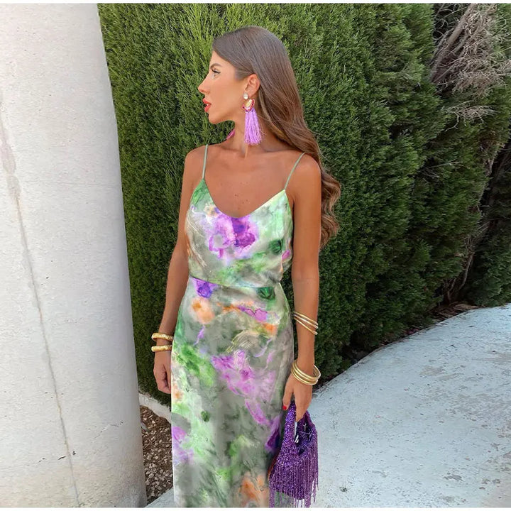 Women's Satin Floral Print Backless Slip Maxi Dress with Scarf