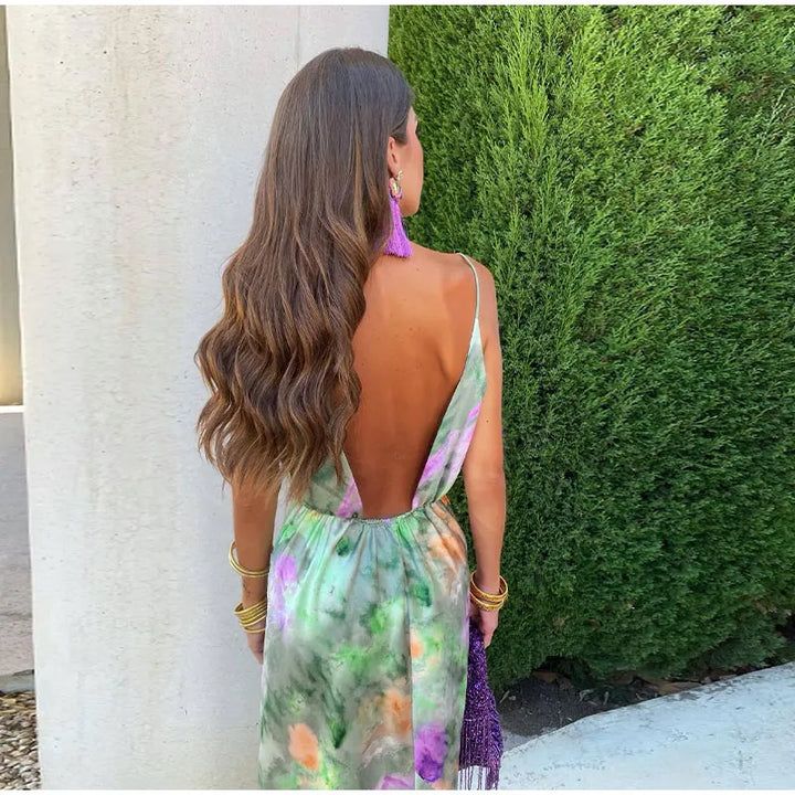 Women's Satin Floral Print Backless Slip Maxi Dress with Scarf