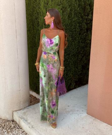 Women's Satin Floral Print Backless Slip Maxi Dress with Scarf