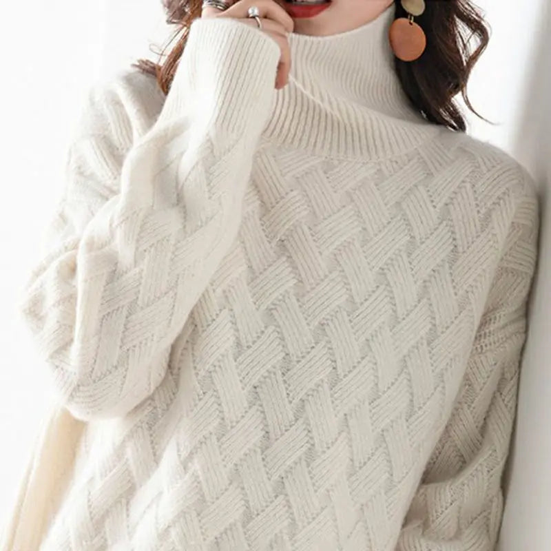 Women's Knit Turtleneck Jumper Wool Mix Geometric Pullover