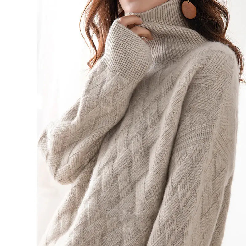 Women's Knit Turtleneck Jumper Wool Mix Geometric Pullover