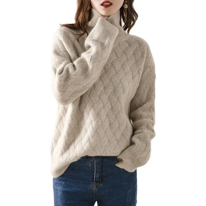 Women's Knit Turtleneck Jumper Wool Mix Geometric Pullover