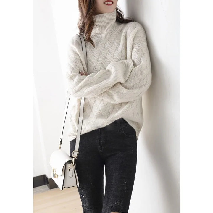 Women's Knit Turtleneck Jumper Wool Mix Geometric Pullover