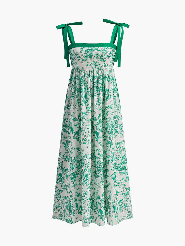 Robe midi sans manches pour femme en lin, à imprimé floral et bretelles à nouer