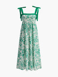Robe midi sans manches pour femme en lin, à imprimé floral et bretelles à nouer