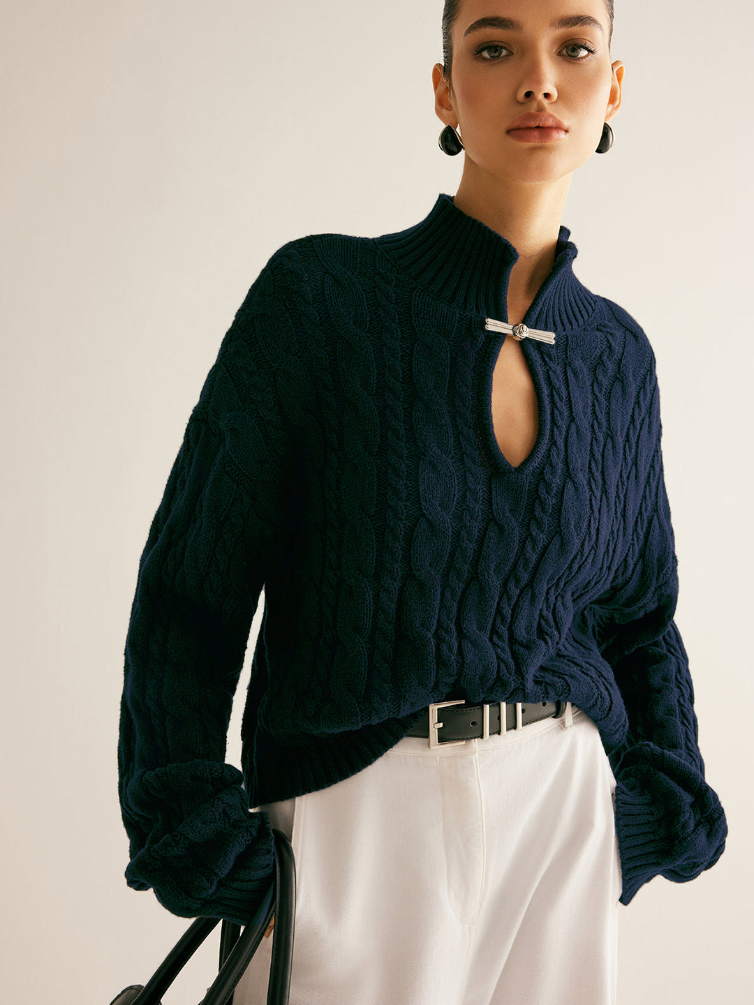 Women's Cable Knit Jumper High Neck Sweater Top