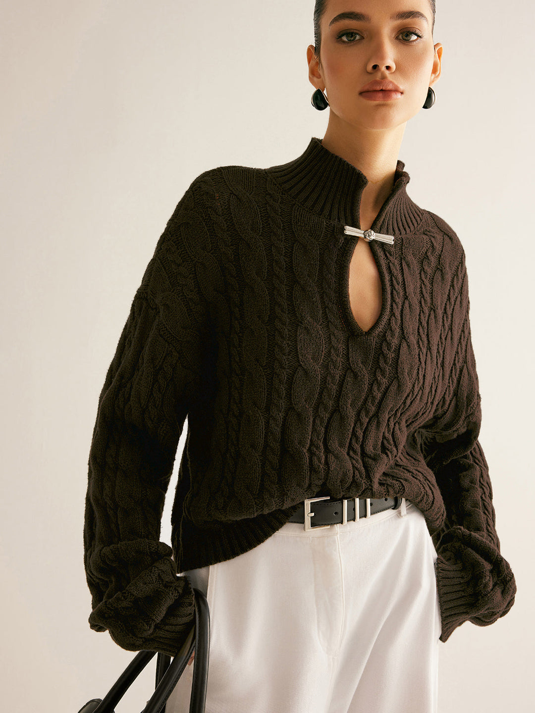 Women's Cable Knit Jumper High Neck Sweater Top