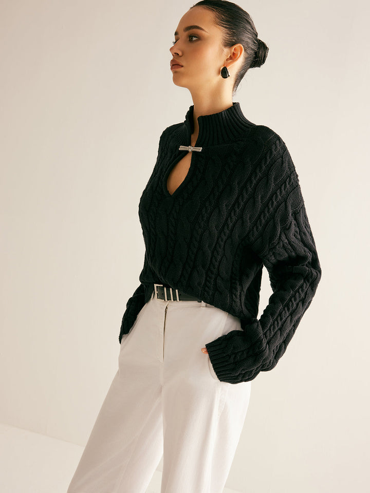 Women's Cable Knit Jumper High Neck Sweater Top