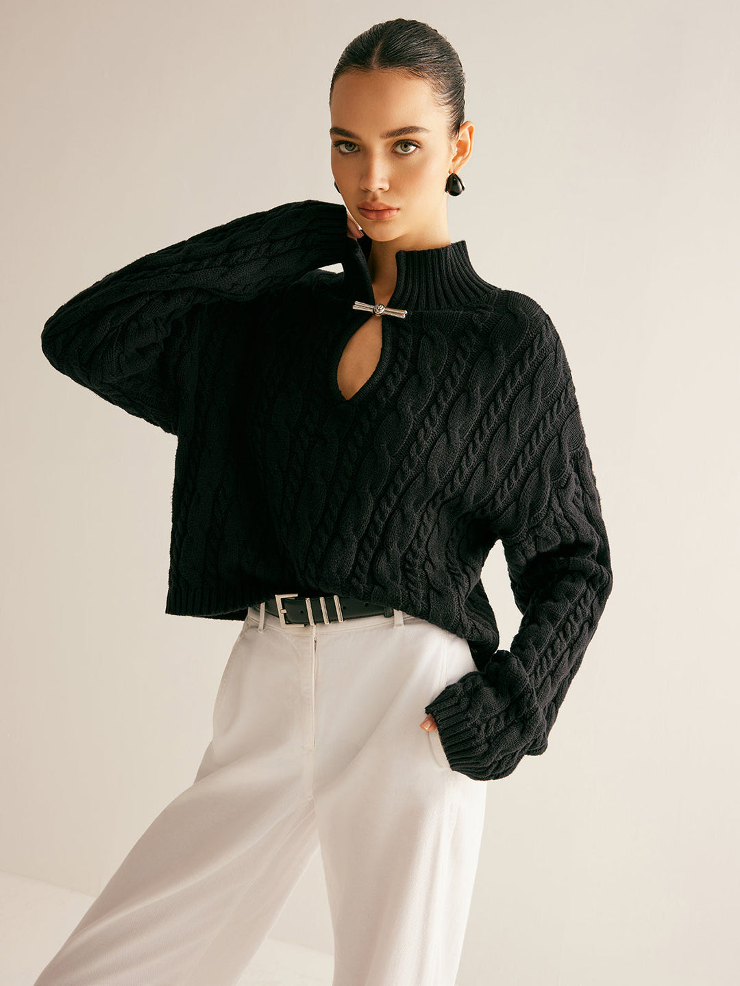 Women's Cable Knit Jumper High Neck Sweater Top
