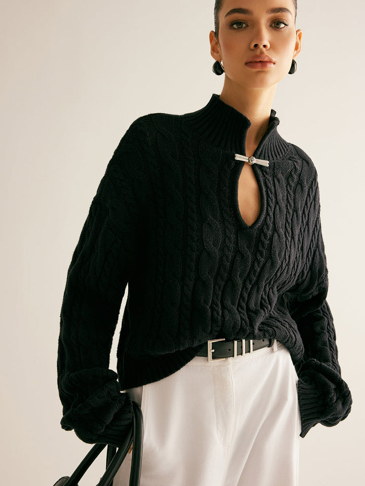 Women's Cable Knit Jumper High Neck Sweater Top