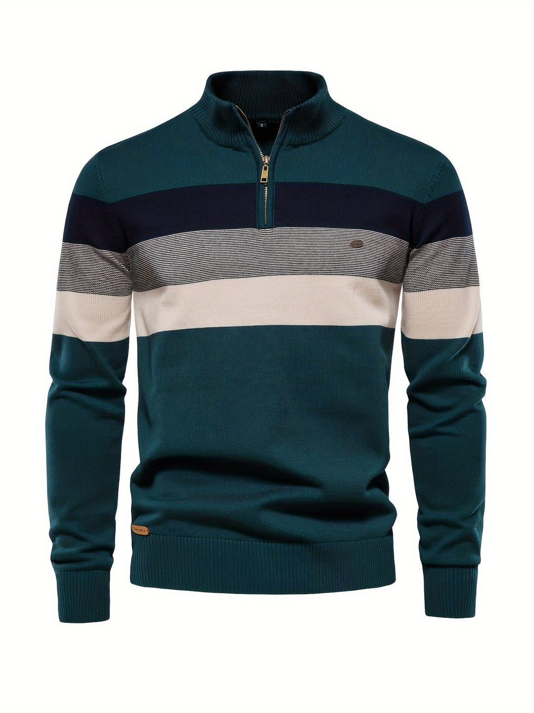 Men's Knit Jumper Quarter Zip Wool Mix Stripe Long Sleeve Sweater