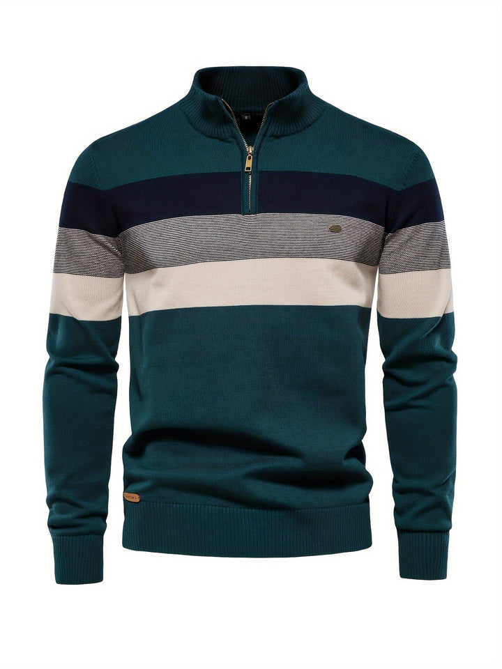 Men's Knit Jumper Quarter Zip Wool Mix Stripe Long Sleeve Sweater