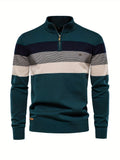 Men's Knit Jumper Quarter Zip Wool Mix Stripe Long Sleeve Sweater