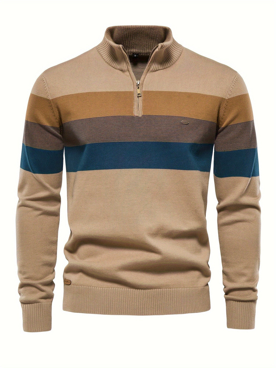Men's Knit Jumper Quarter Zip Wool Mix Stripe Long Sleeve Sweater