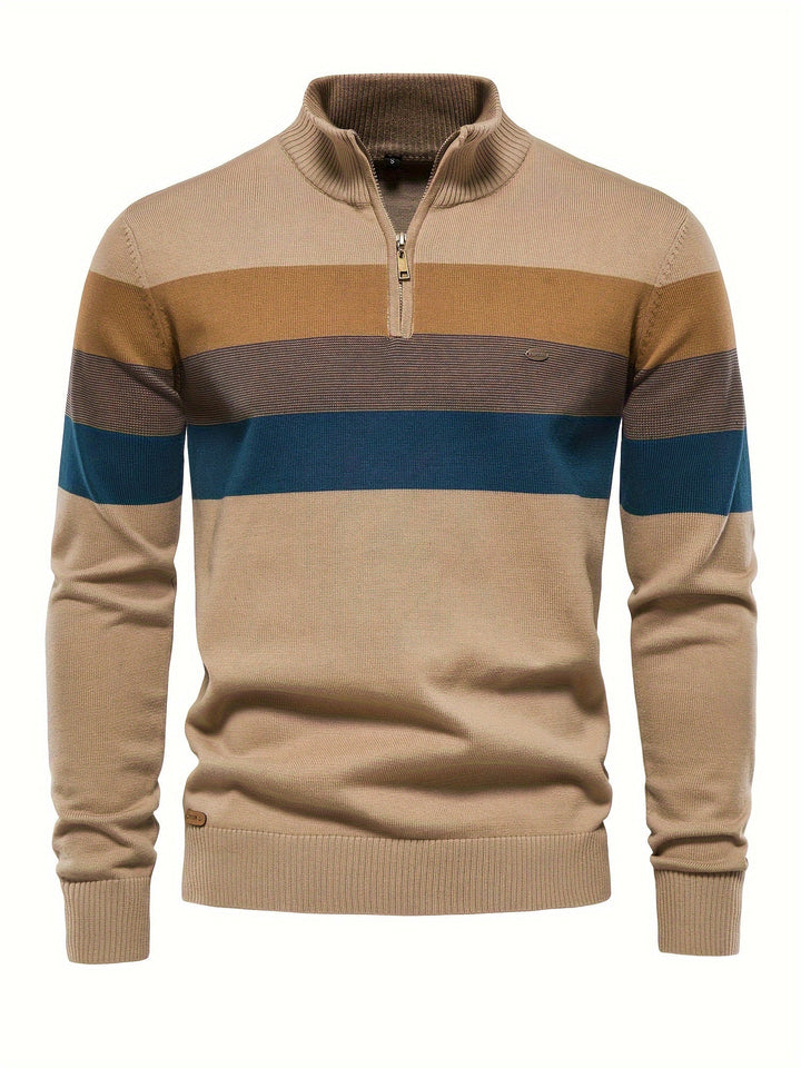 Men's Knit Jumper Quarter Zip Wool Mix Stripe Long Sleeve Sweater