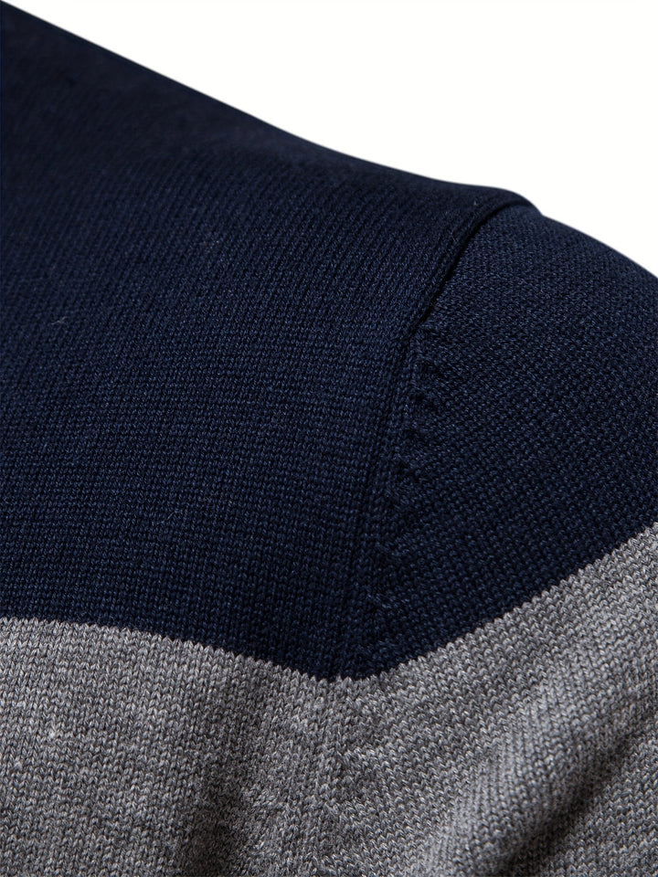 Men's Knit Jumper Quarter Zip Wool Mix Stripe Long Sleeve Sweater