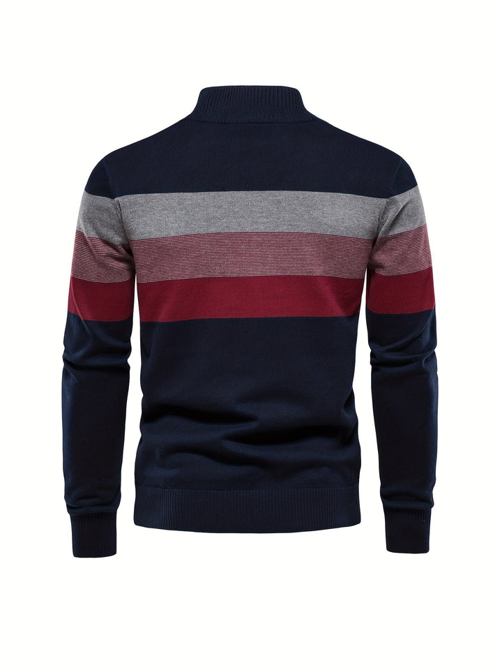 Men's Knit Jumper Quarter Zip Wool Mix Stripe Long Sleeve Sweater