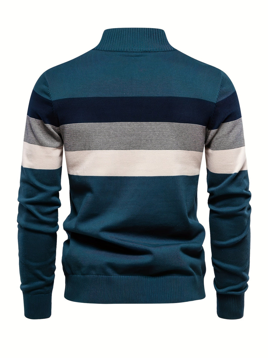 Men's Knit Jumper Quarter Zip Wool Mix Stripe Long Sleeve Sweater
