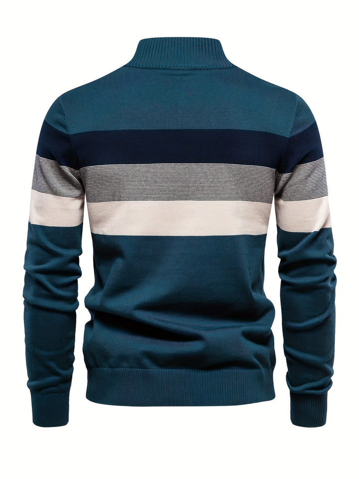 Men's Knit Jumper Quarter Zip Wool Mix Stripe Long Sleeve Sweater