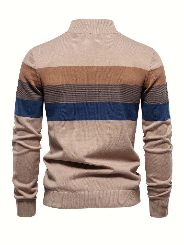 Men's Knit Jumper Quarter Zip Wool Mix Stripe Long Sleeve Sweater