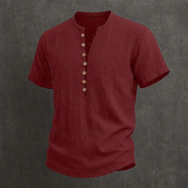 Men's Henley Shirt Linen Casual Short Sleeve Breathable Tops