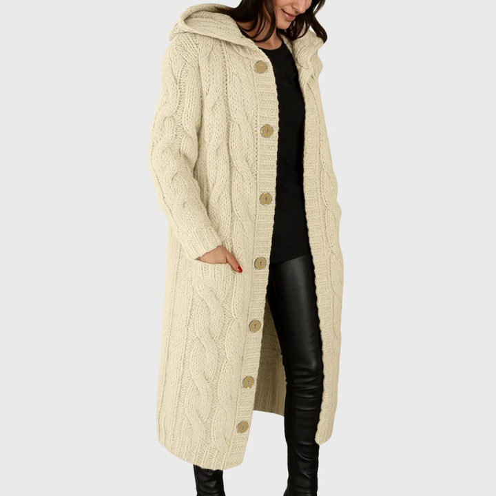Women's Long Hooded Cable Knit Wool Cardigan