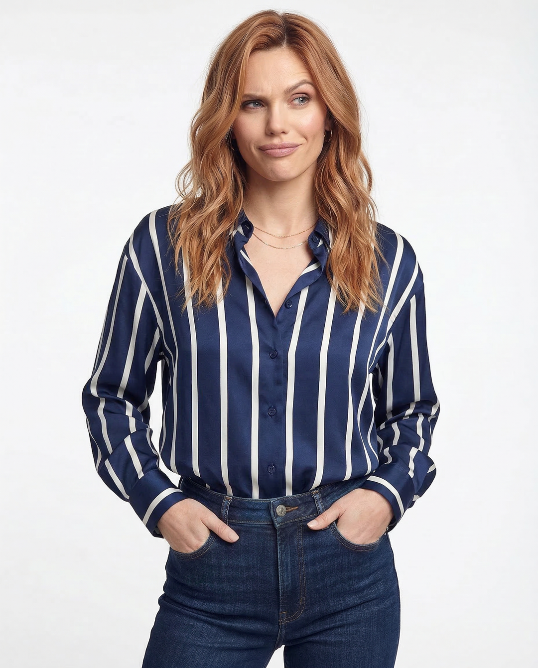 Women's Striped Long Sleeve Linen Shirt Button Up Blouse Tops