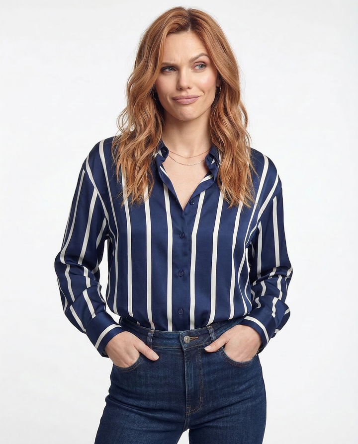 Women's Striped Long Sleeve Linen Shirt Button Up Blouse Tops