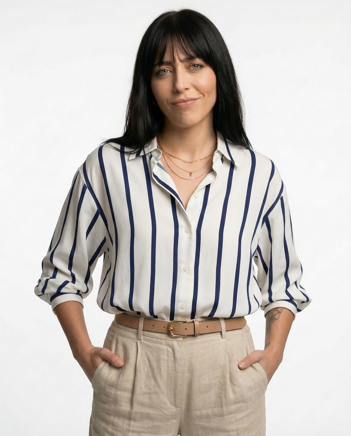 Women's Striped Long Sleeve Linen Shirt Button Up Blouse Tops