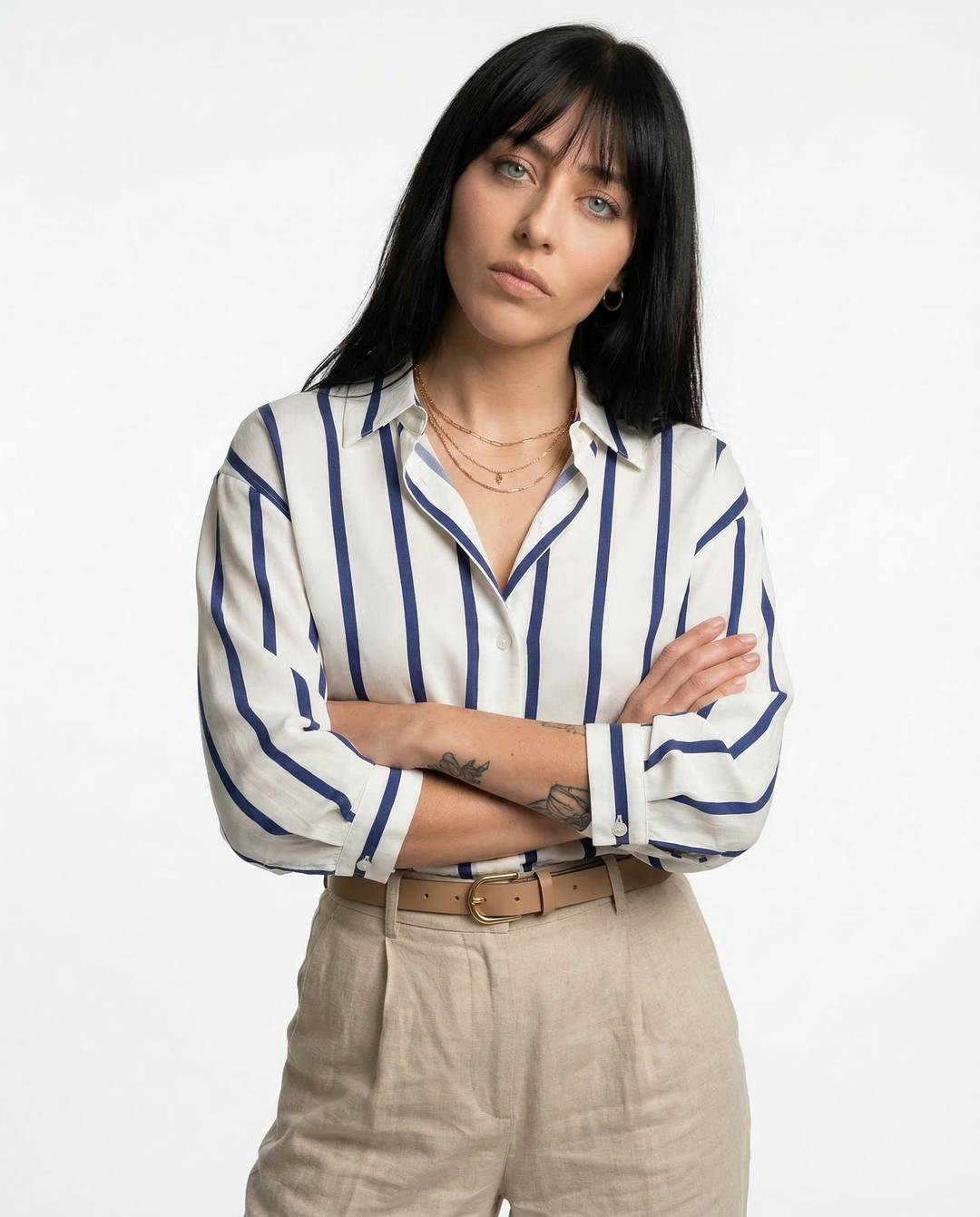Women's Striped Long Sleeve Linen Shirt Button Up Blouse Tops