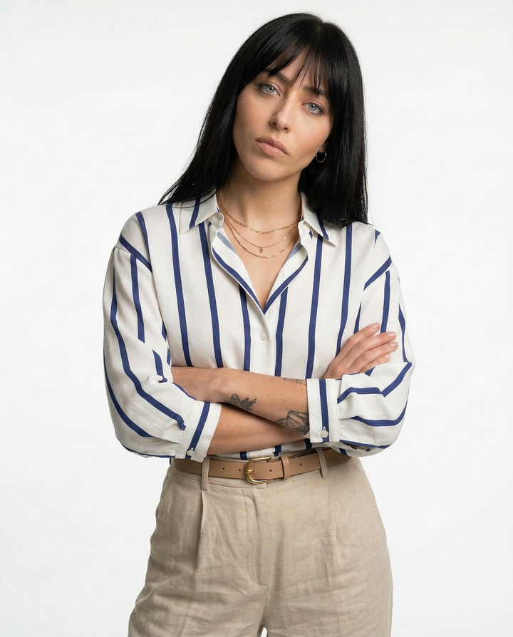 Women's Striped Long Sleeve Linen Shirt Button Up Blouse Tops