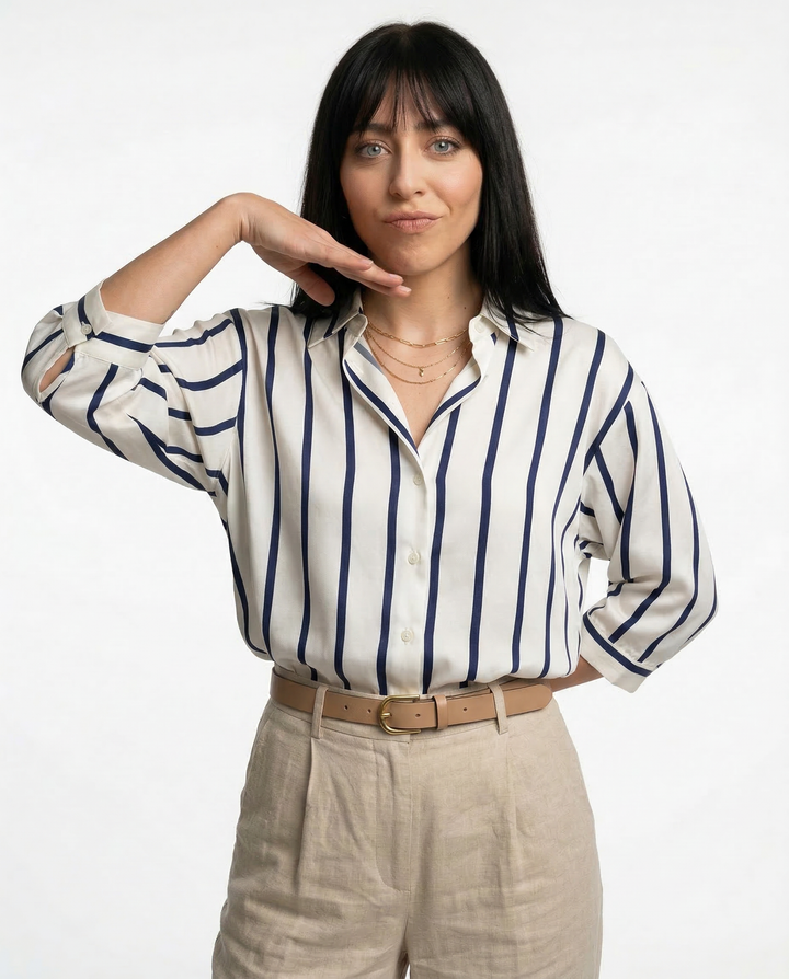 Women's Striped Long Sleeve Linen Shirt Button Up Blouse Tops