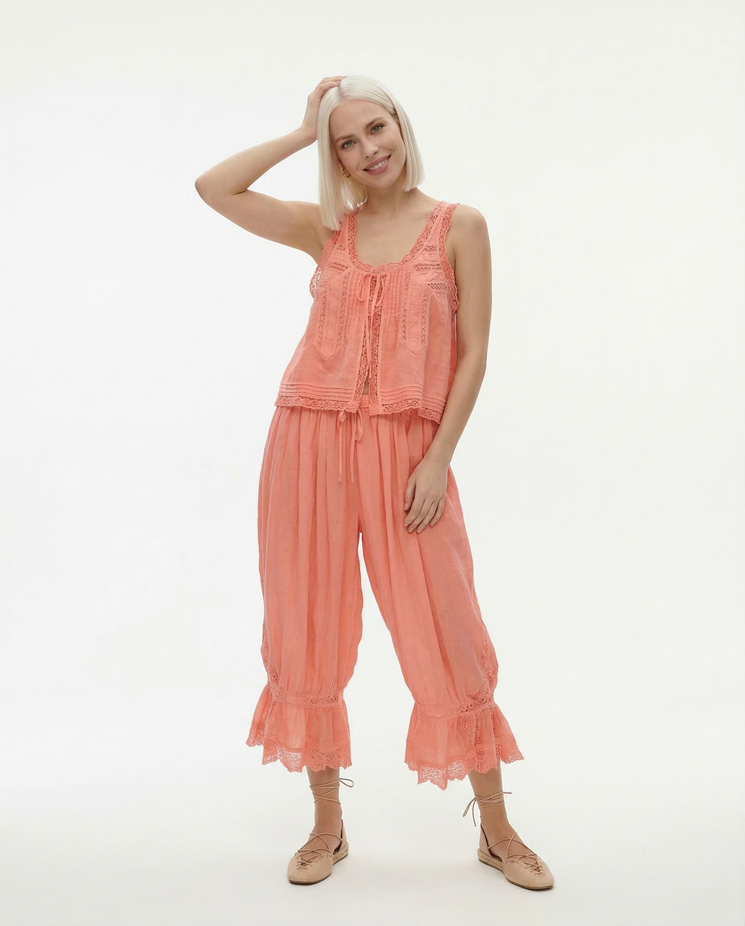 Women's Linen Lace Blouse Pants Set
