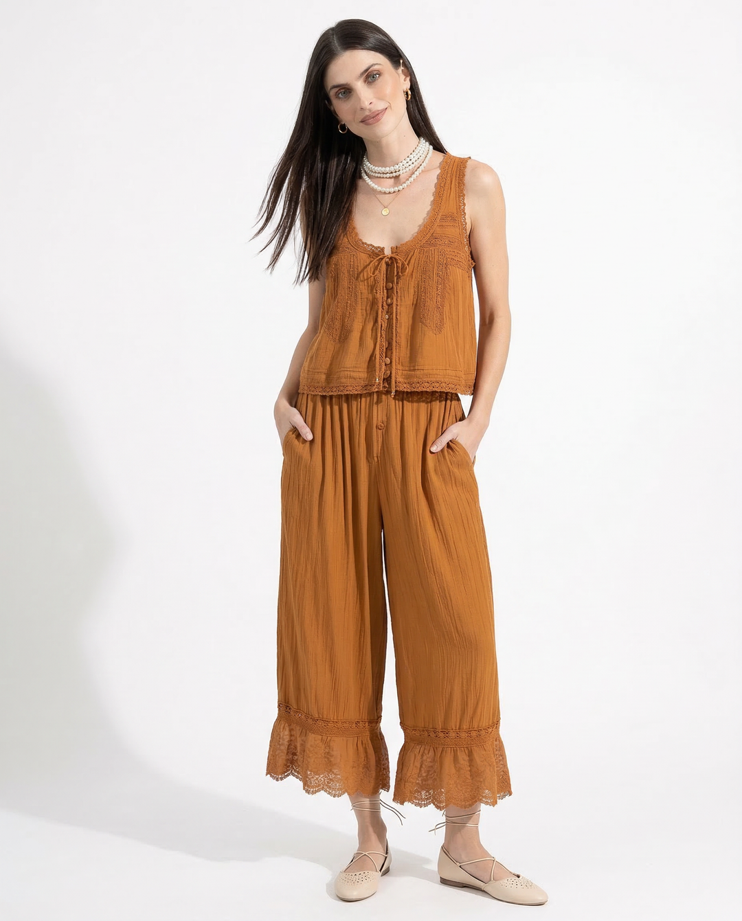 Women's Linen Lace Blouse Pants Set