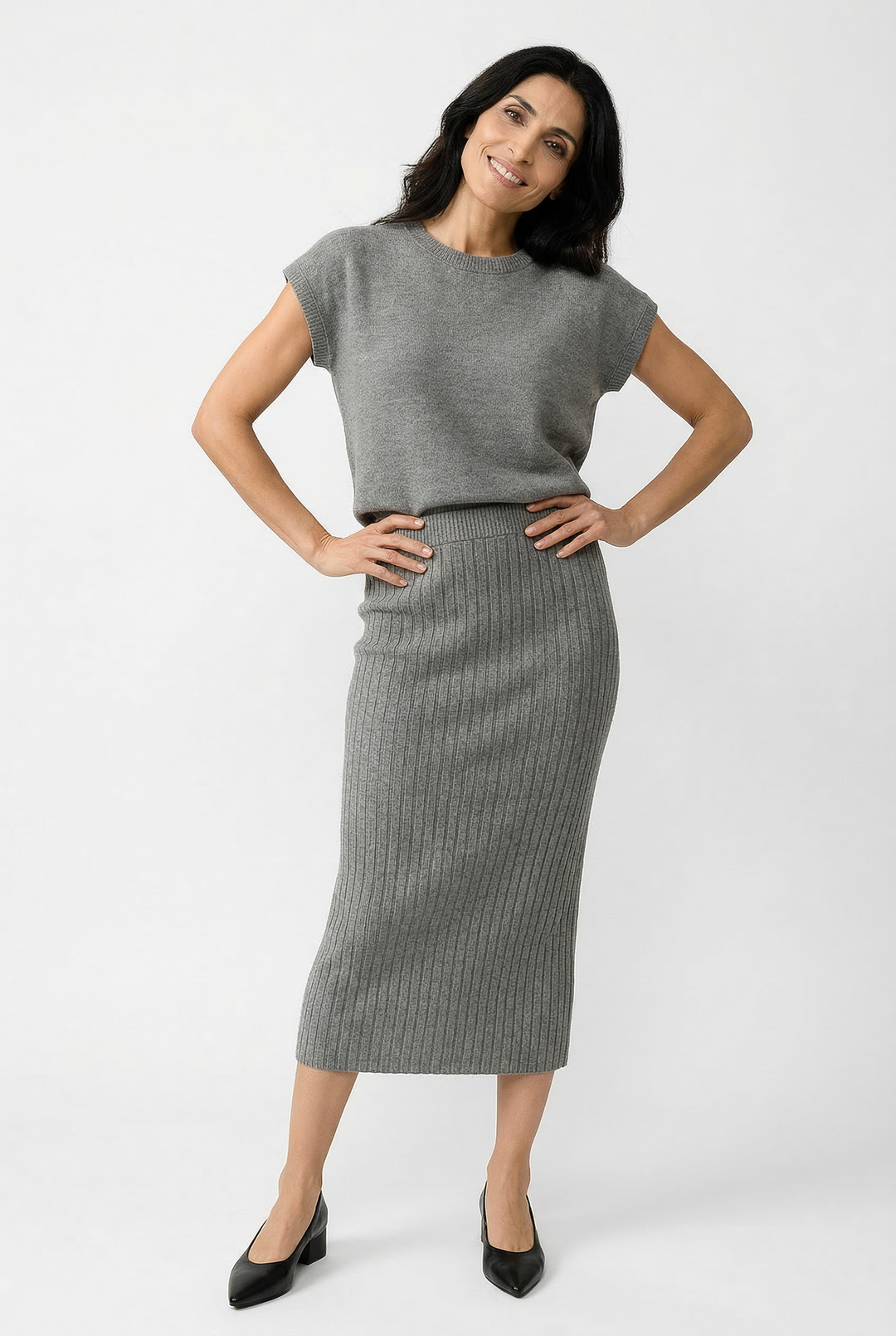 Women Knit Midi Skirt and Short Sleeve Top Two- Piece Set
