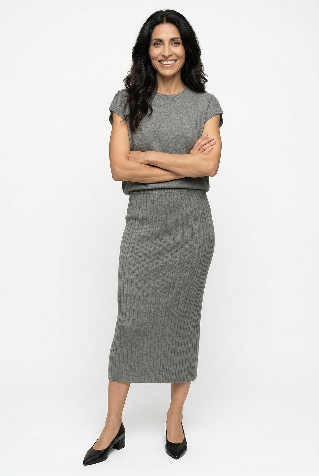 Women Knit Midi Skirt and Short Sleeve Top Two- Piece Set