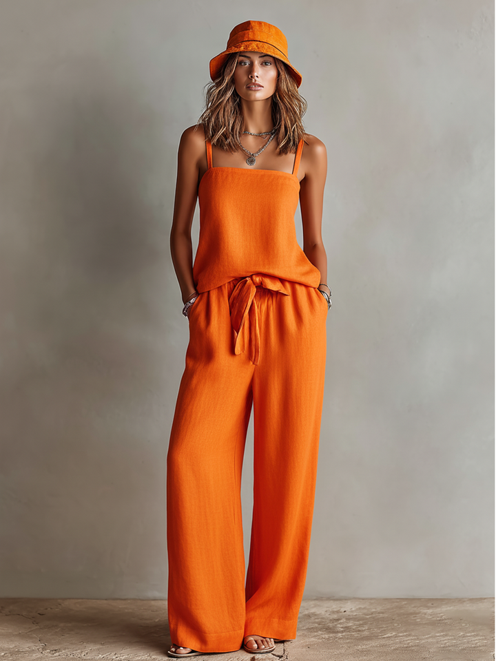 Women's Linen Blend Wide Leg Lounge Set Two Piece Outfit