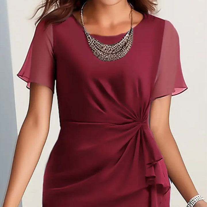 Women's Short-Sleeve Ruched Chiffon Cocktail Midi Dress