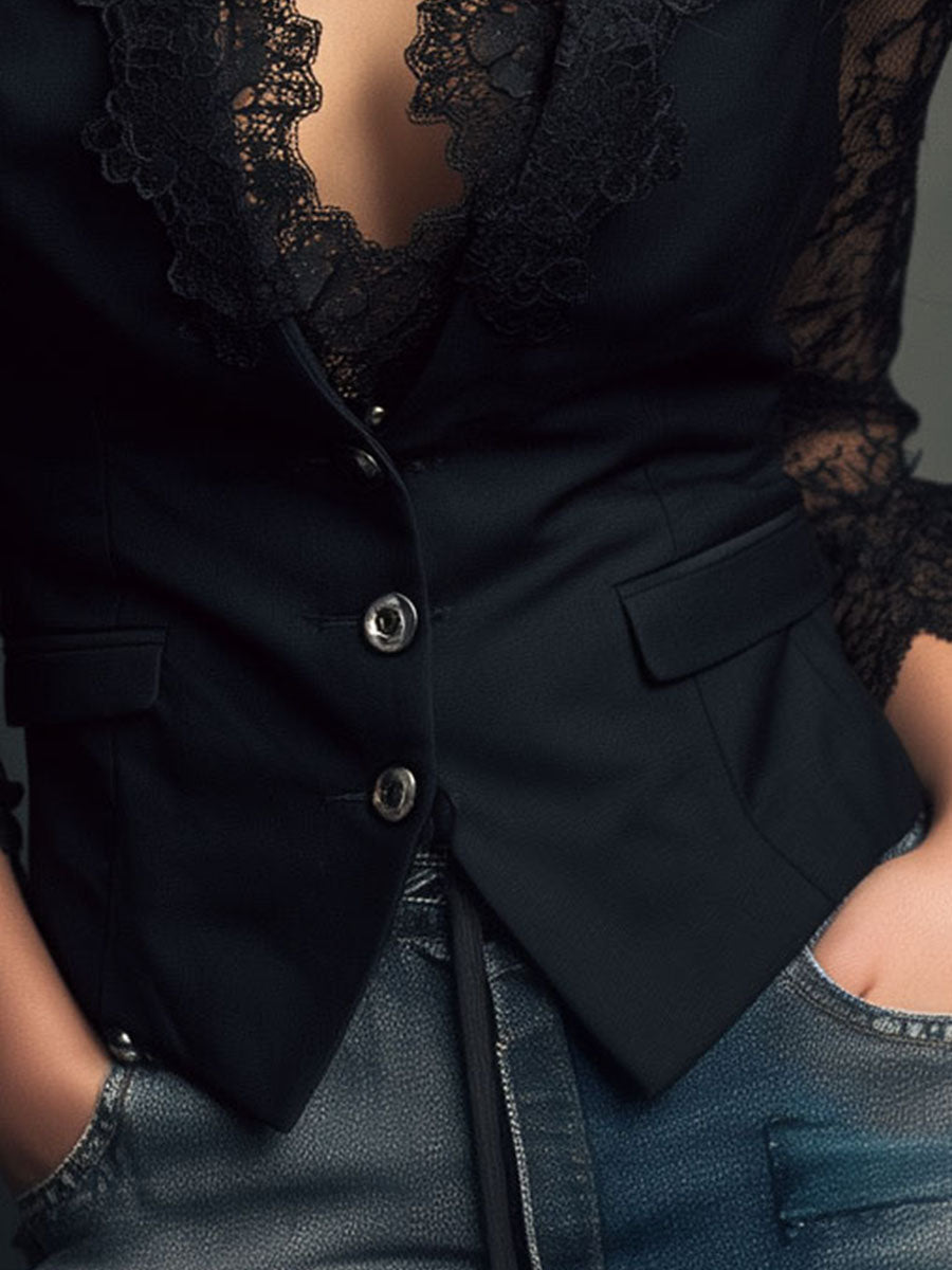 Women's Lace Knit Tailored Vest Blazer